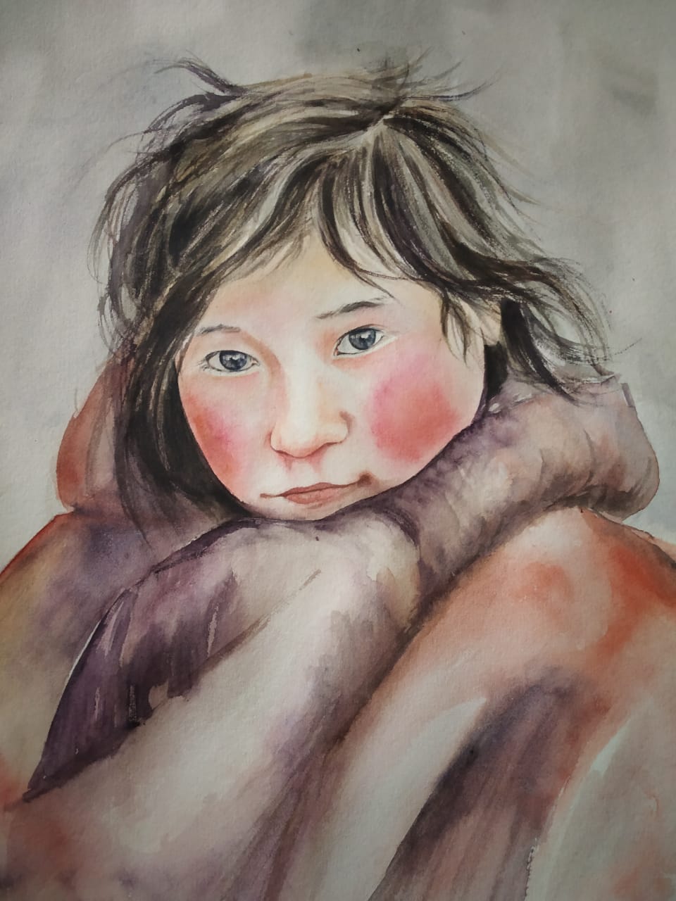 Portraiture Painting with Watercolor on Paper "Little Life - 4" art by Tsering Youdol