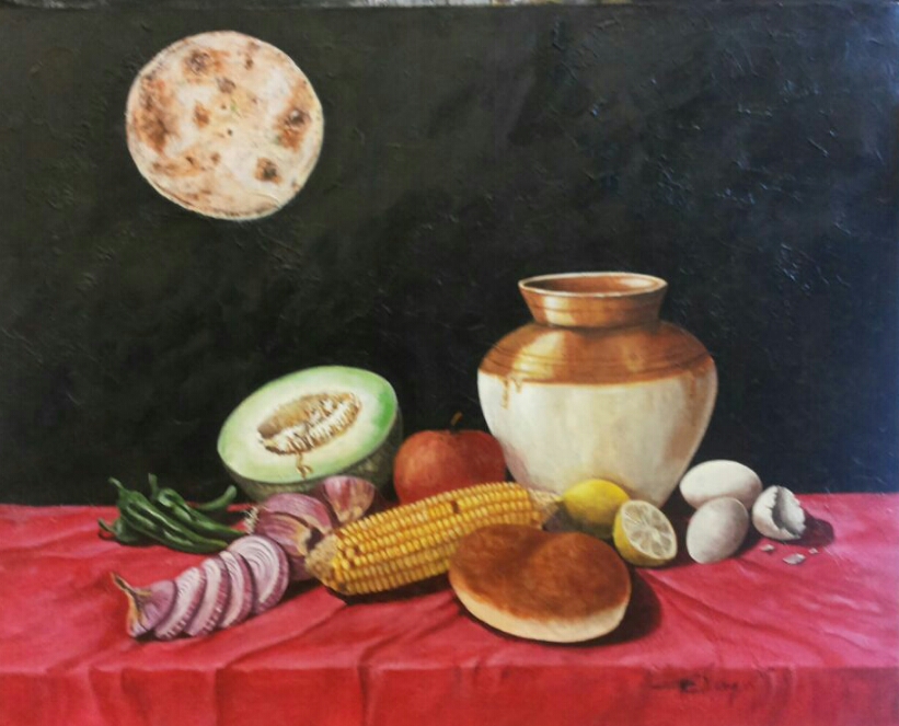 Realism Painting with Acrylic on Canvas "Food" art by Ghanshyam Kashyap