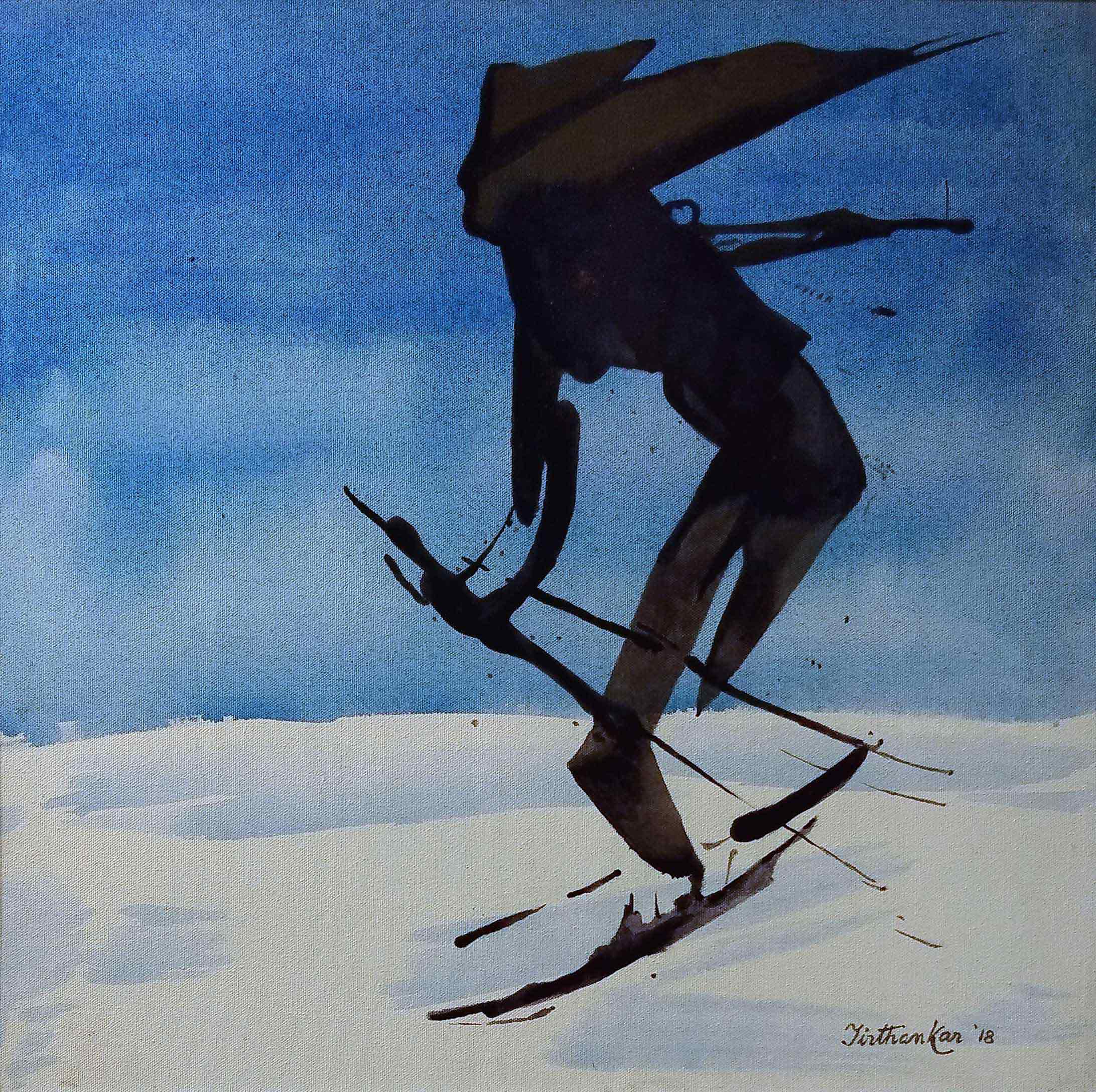 Figurative Painting with Acrylic on Canvas "Skiing" art by Tirthankar Biswas