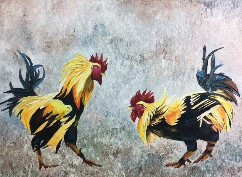 Realism Painting with Acrylic on Canvas "Indian Rooster-4" art by Kolusu 