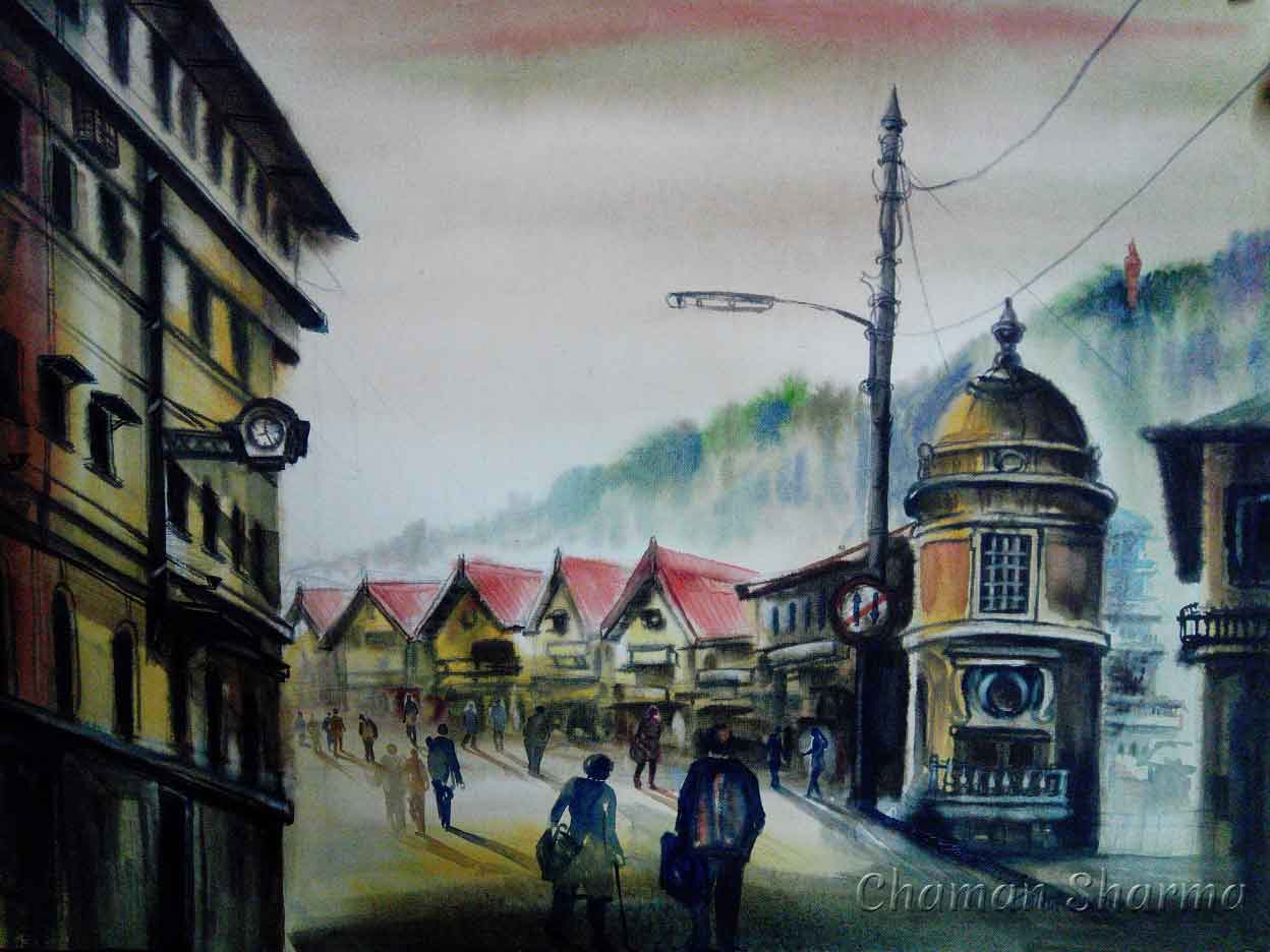 Semi Realistic Painting with Watercolor on Paper "The Mall Shimla" art by Chaman Sharma
