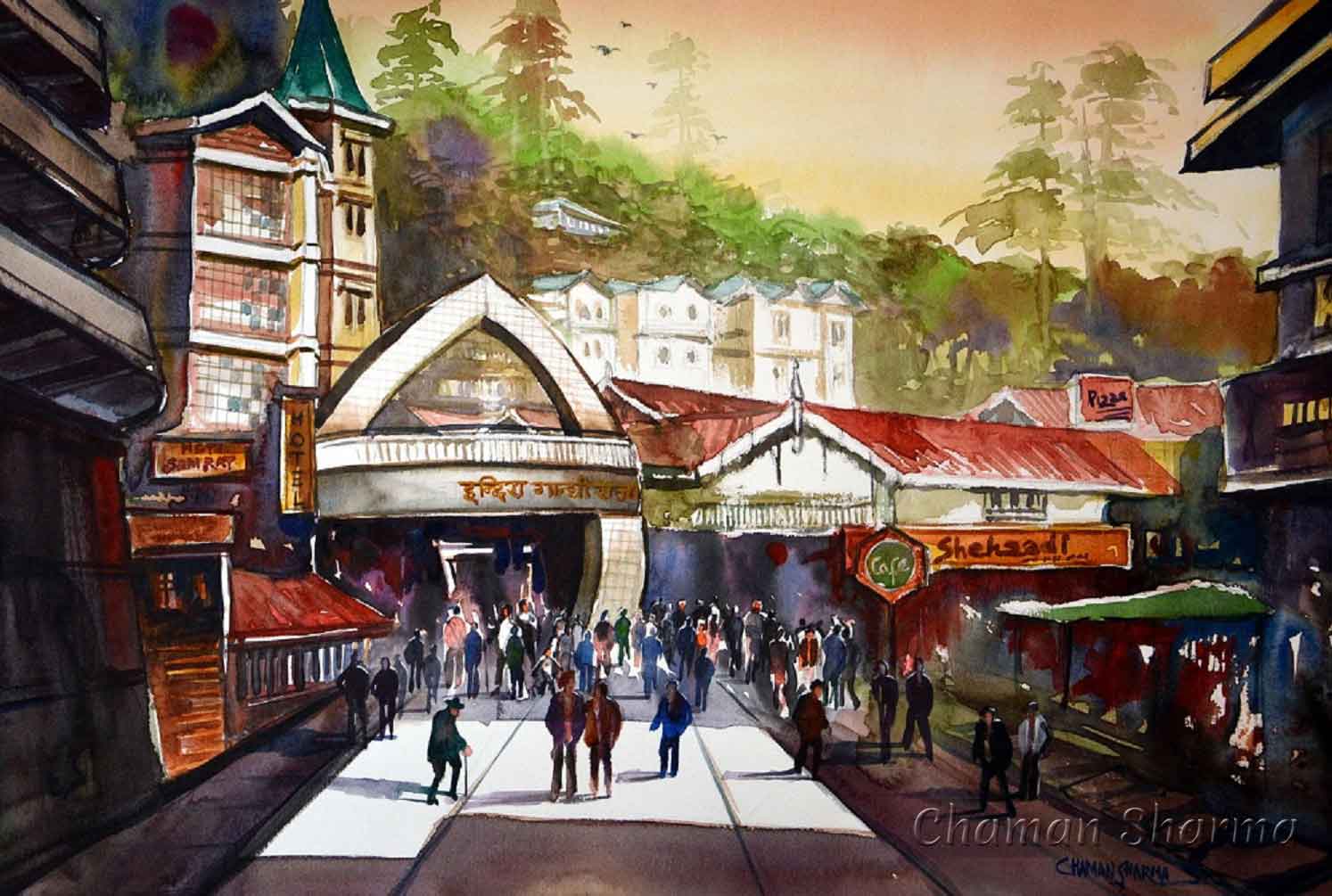 Semi Realistic Painting with Watercolor on Paper "Sports Complex, The Mall Shimla" art by Chaman Sharma