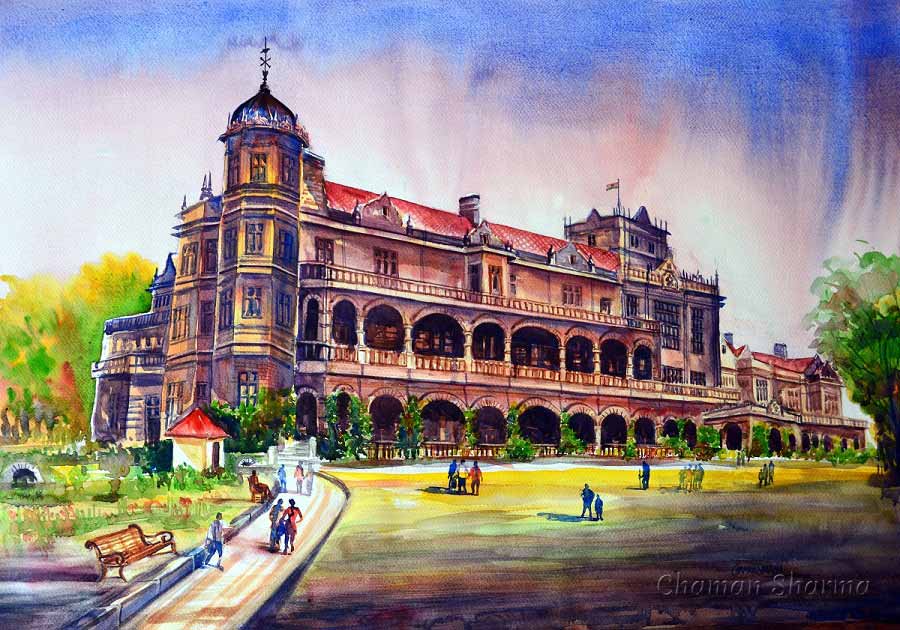Semi Realistic Painting with Watercolor on Paper "Indian Institute of Advanced Study" art by Chaman Sharma