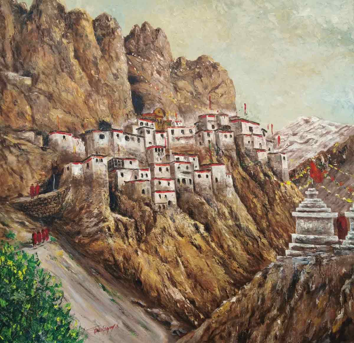 Realism Painting with Acrylic on Canvas "Dhankar Gompa - Himachal Pradesh" art by Ghanshyam Kashyap