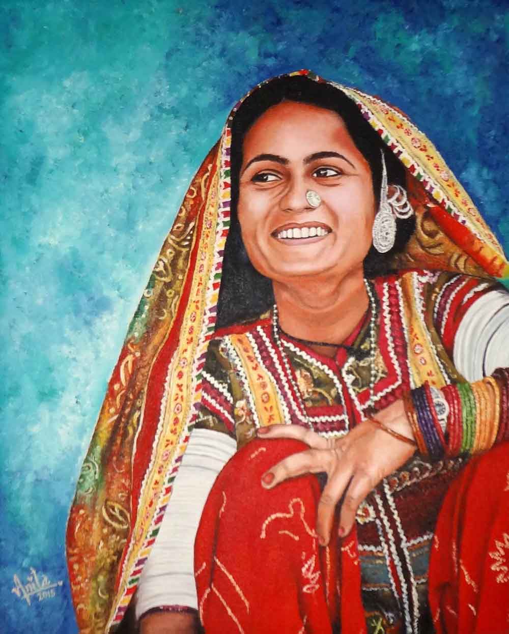 Portraiture Painting with Oil on Canvas Board "Smiling Lady" art by Anita Raj