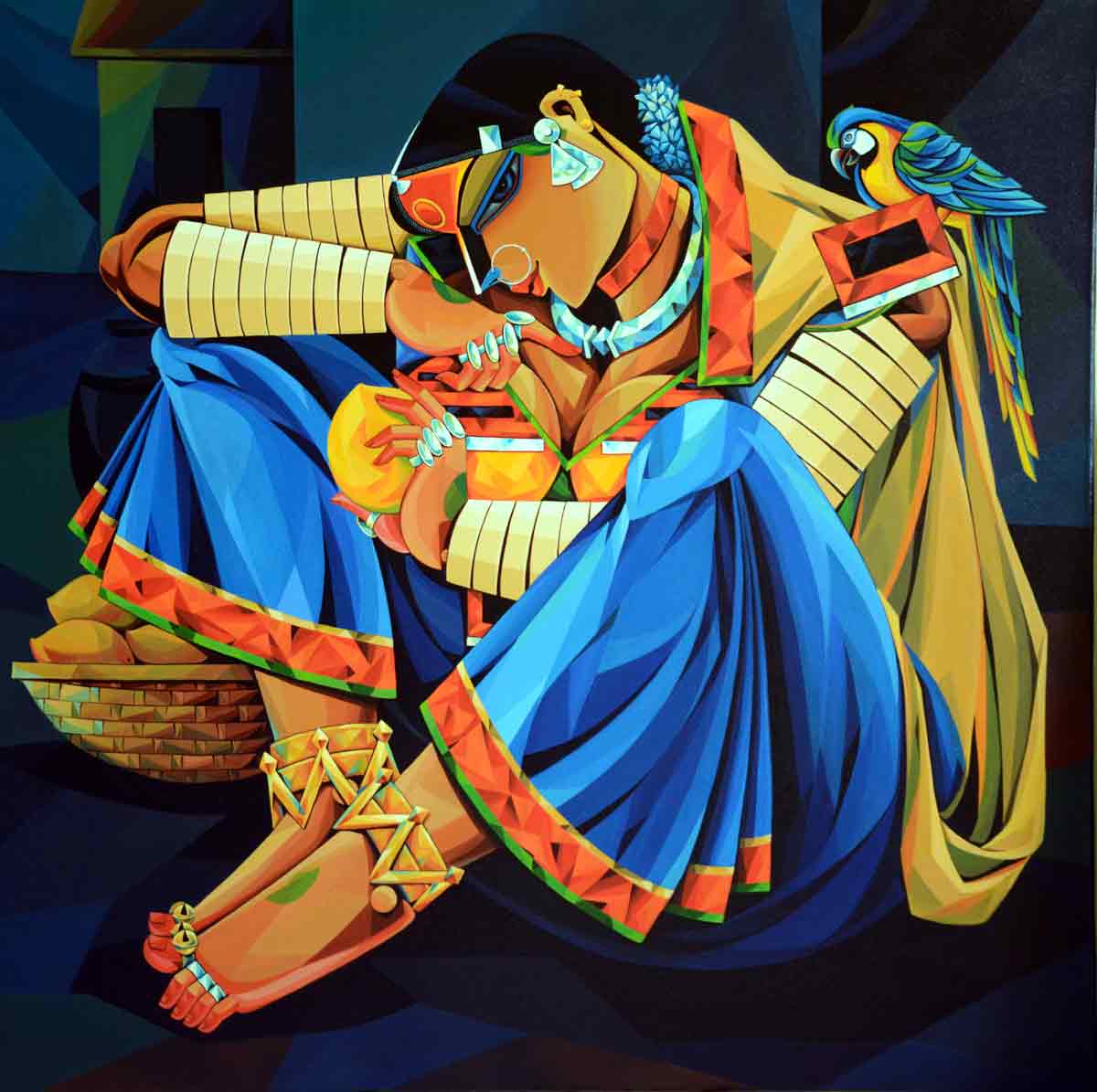 Figurative Painting with Acrylic on Canvas "Indian Woman - 10" art by Ramavath Srinivas