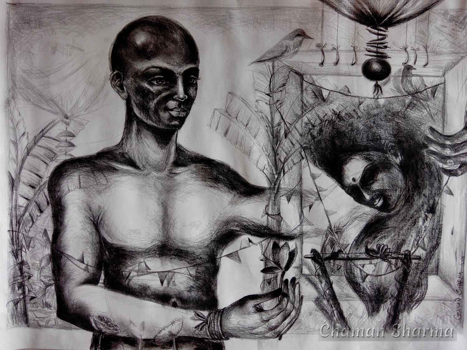 Figurative Drawing with Charcoal on Paper "Drawing-1" art by Chaman Sharma