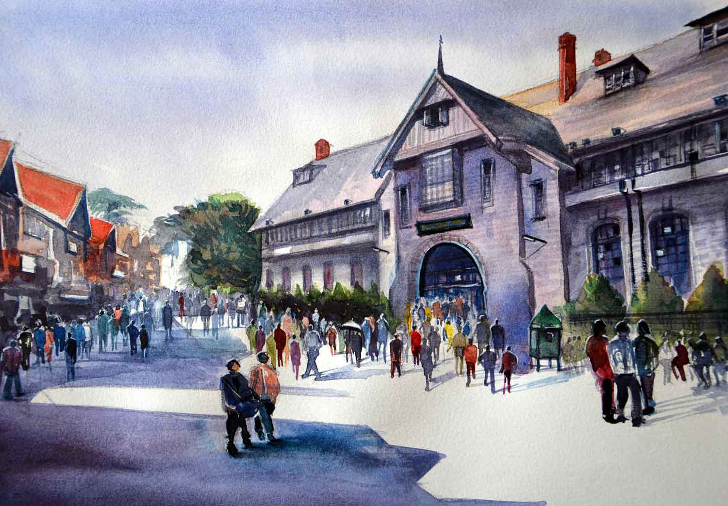 Semi Realistic Painting with Watercolor on Paper "The Mall, Shimla" art by Chaman Sharma