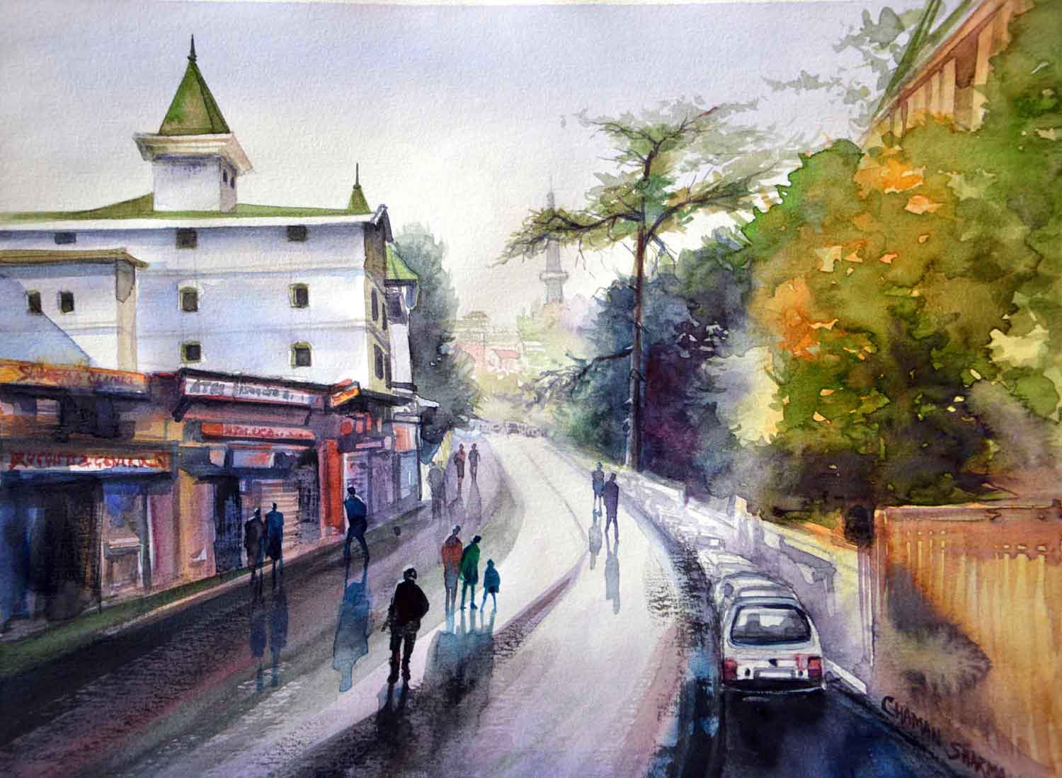 Semi Realistic Painting with Watercolor on Paper "The Oberoi Cecil, Shimla" art by Chaman Sharma