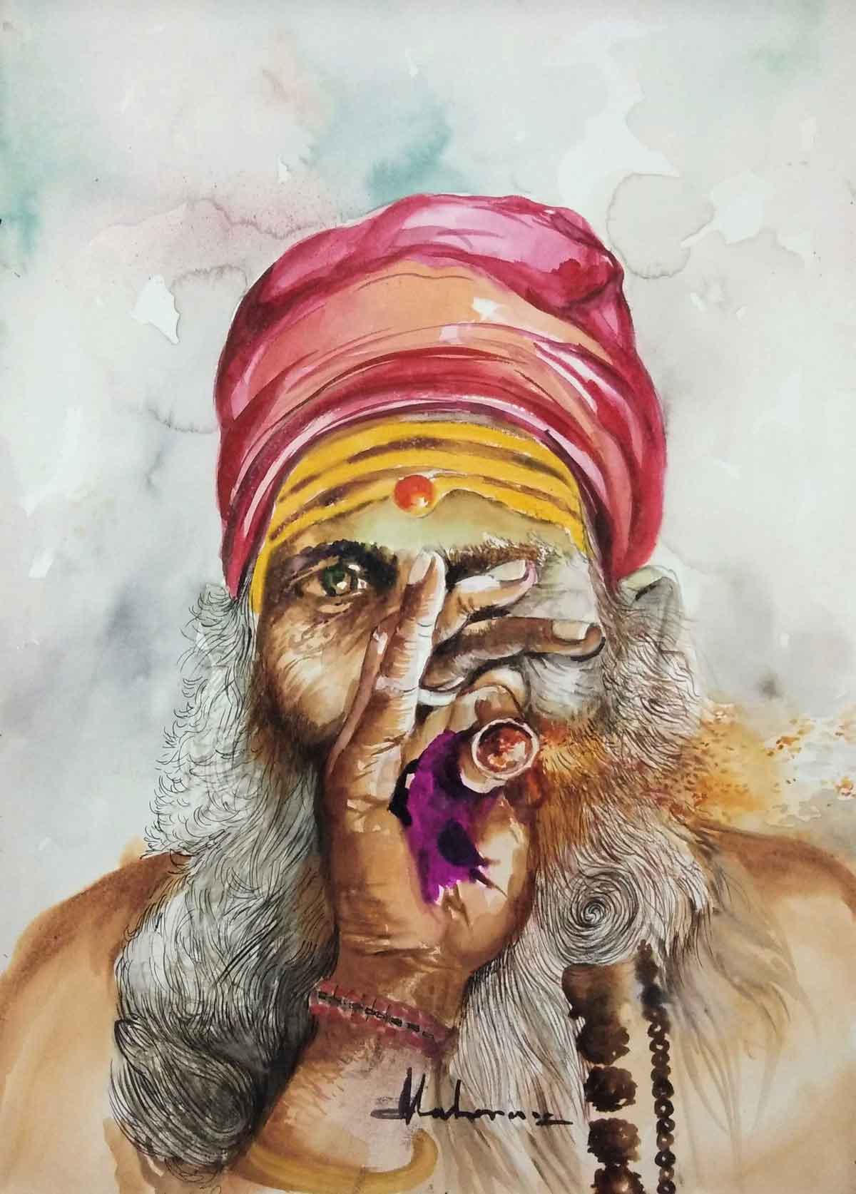Portraiture Painting with Watercolor on Hand made paper "Naga Sadhu" art by Ganga Maharana