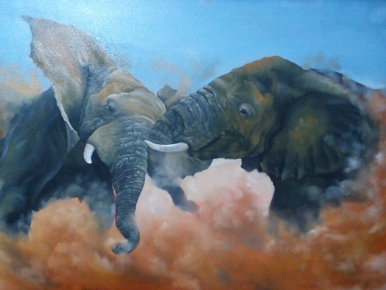 Realism Painting with Oil on Canvas "Elephant Fight" art by Jitender  Kumar