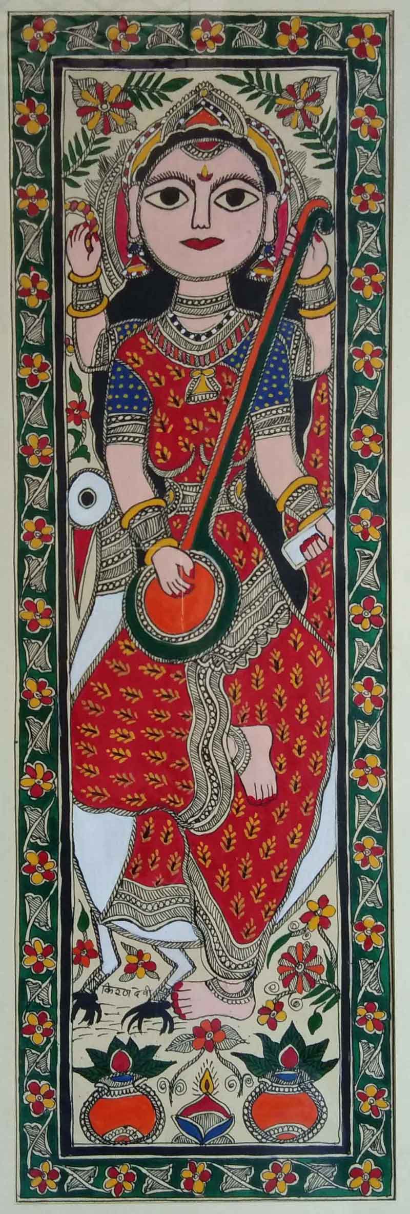 Folk Painting with Watercolor on Paper "Goddess Saraswati - 1" art by Kiran Devi
