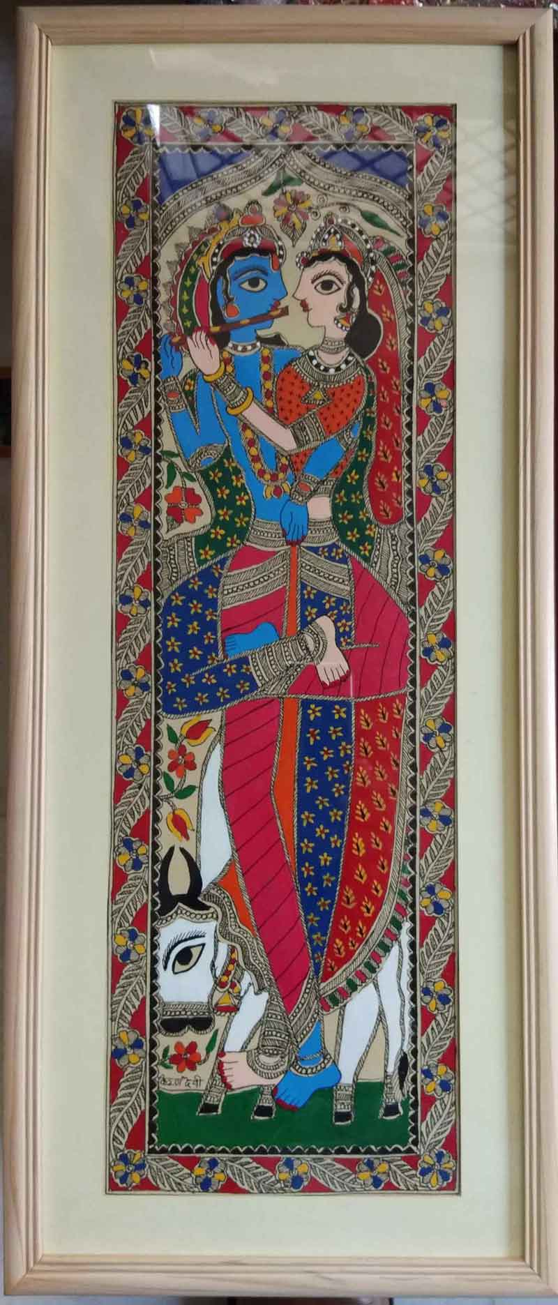 Folk Painting with Natural colour on Paper "Radha-Krishna" art by Kiran Devi