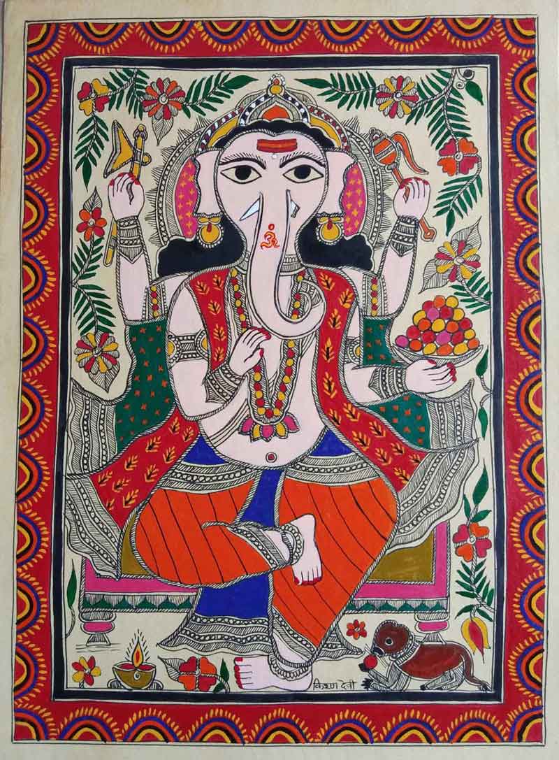 Folk Painting with Natural colour on Paper "Ganesha - 1" art by Kiran Devi