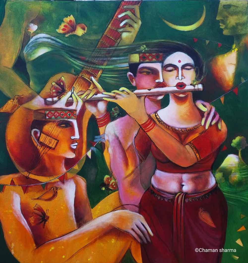 Contemporary Painting with Acrylic on Canvas "Song of Happiness-II" art by Chaman Sharma