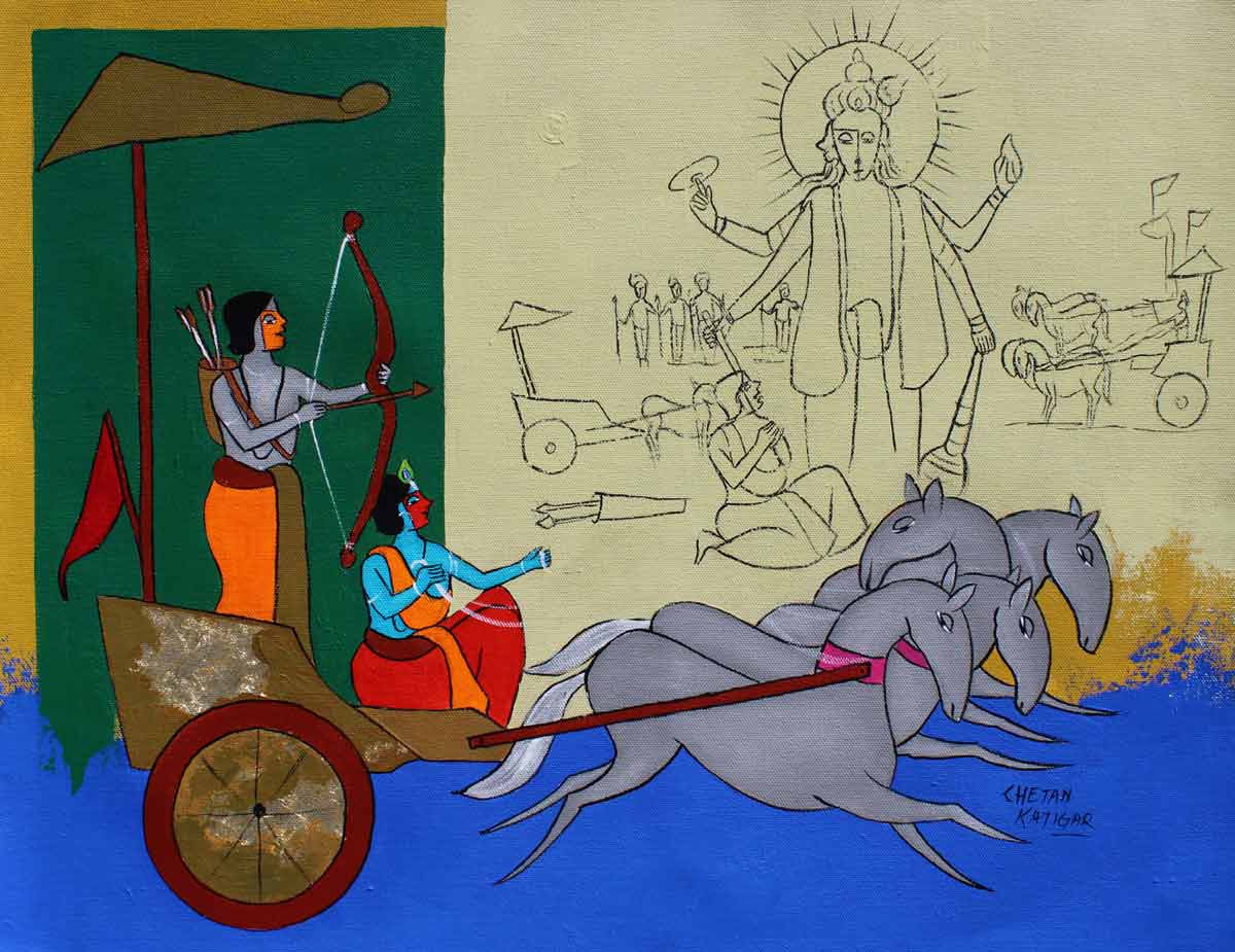 Figurative Painting with Acrylic on Canvas "Krishna the Charioteer" art by Chetan Katigar