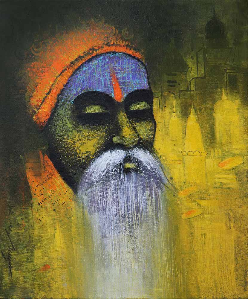 Portraiture Painting with Acrylic on Canvas "A Sadhu