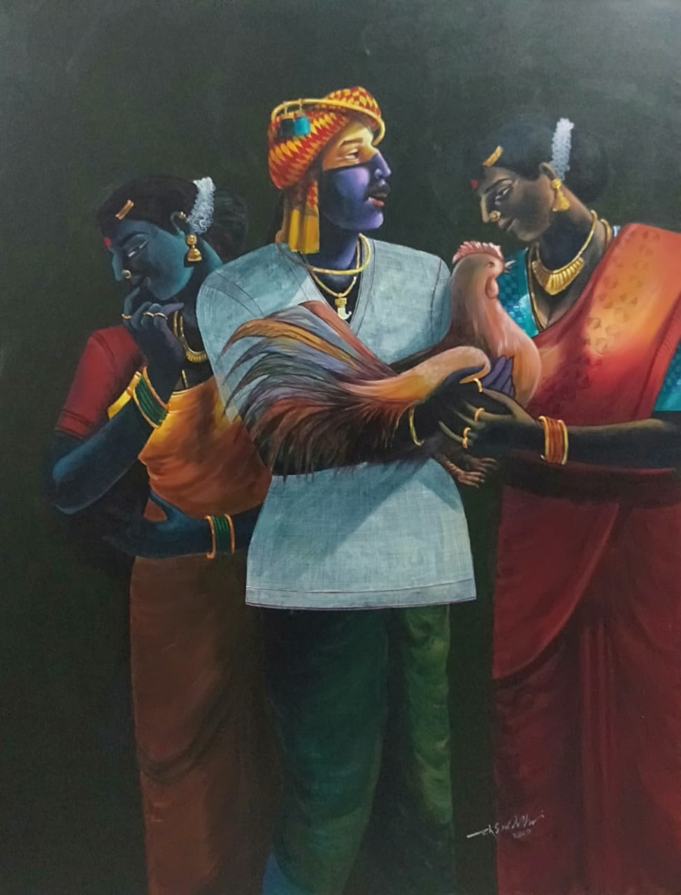 Figurative Painting with Acrylic on Canvas "Village Family - 3" art by Chinnaa Sreepathi