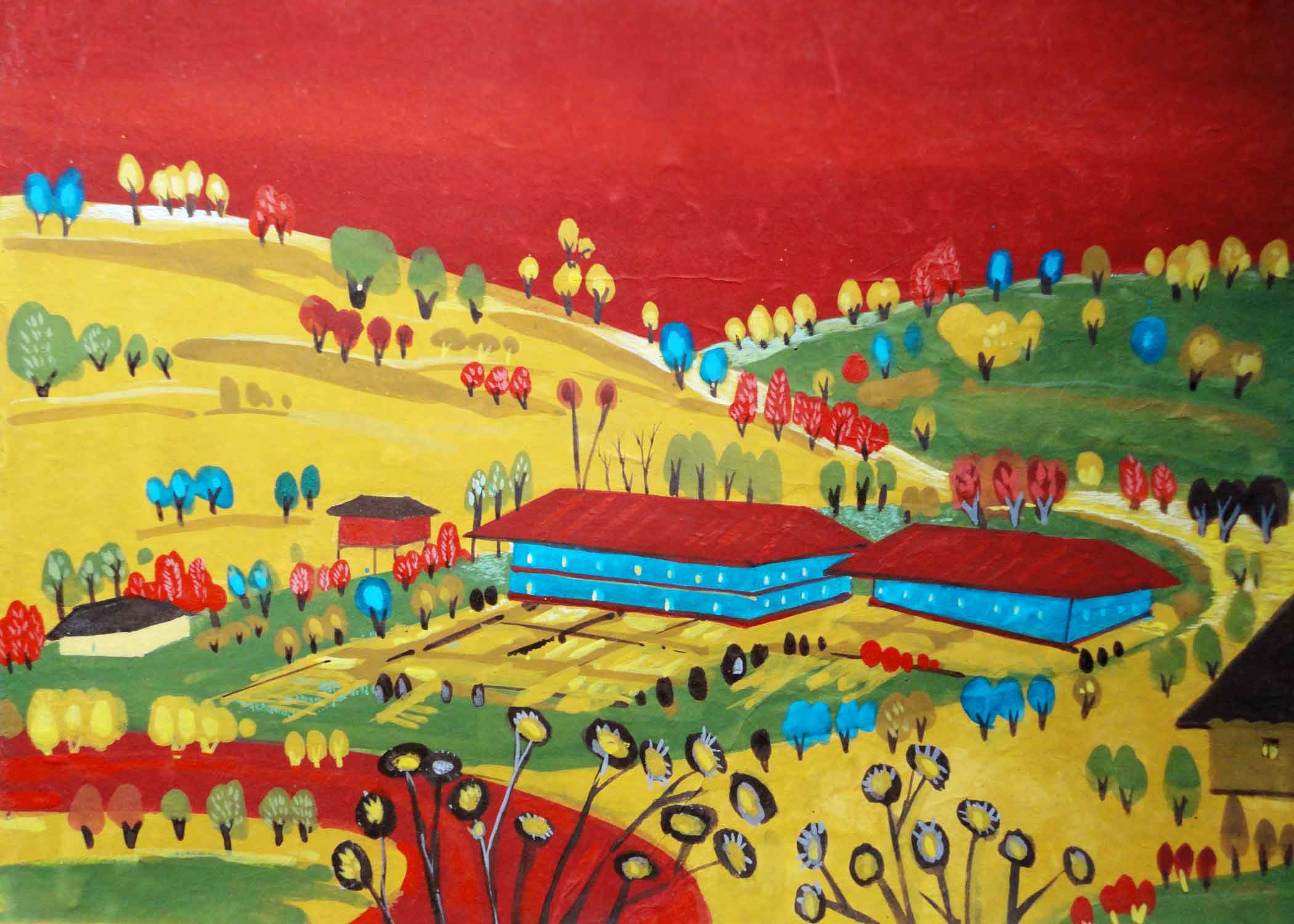 Contemporary Painting with Tempera on Paper "Landscape-2" art by Goutam Pramanick