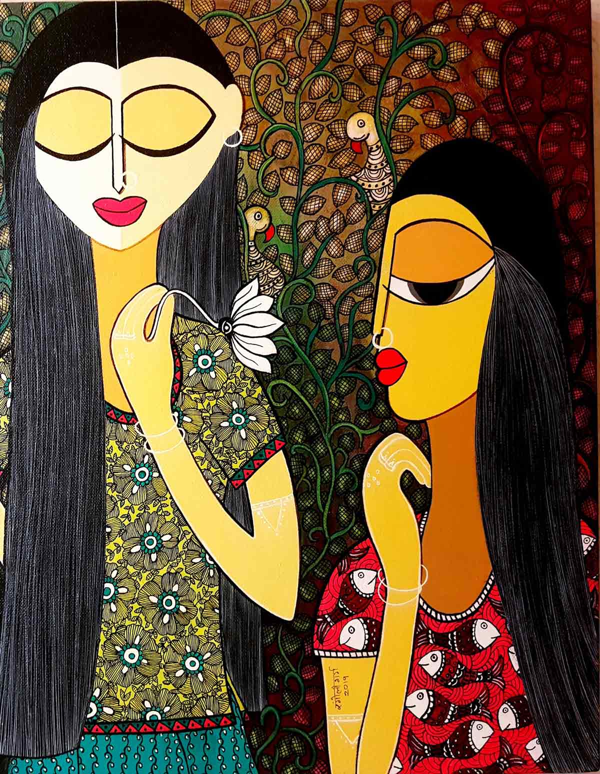 Figurative Painting with Mixed Media on Canvas "Admiration" art by Rangoli Garg