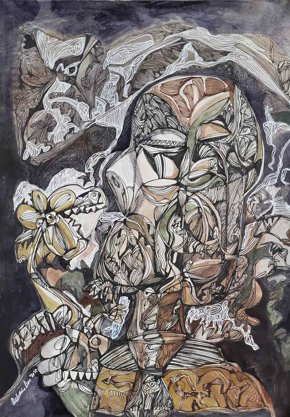 Contemporary Drawing with Mixed Media on Paper "The Devoid of Beauty" art by Debasis Das