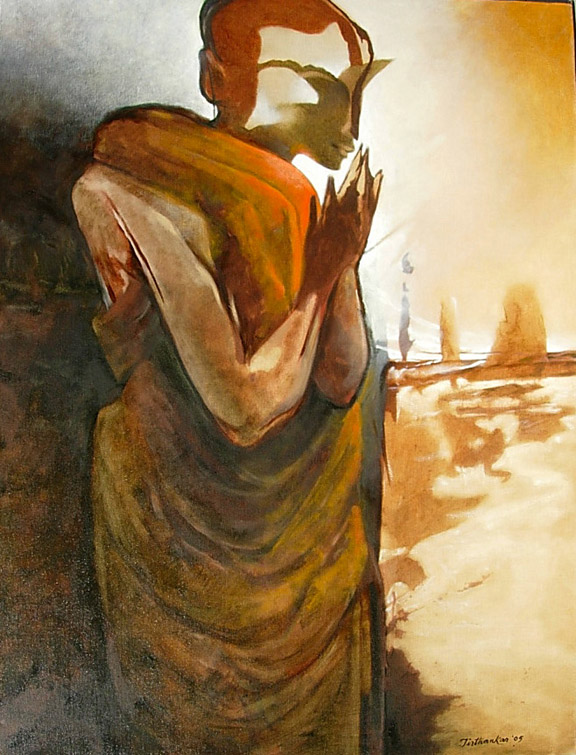 Figurative Painting with Oil on Canvas "Buddha" art by Tirthankar Biswas