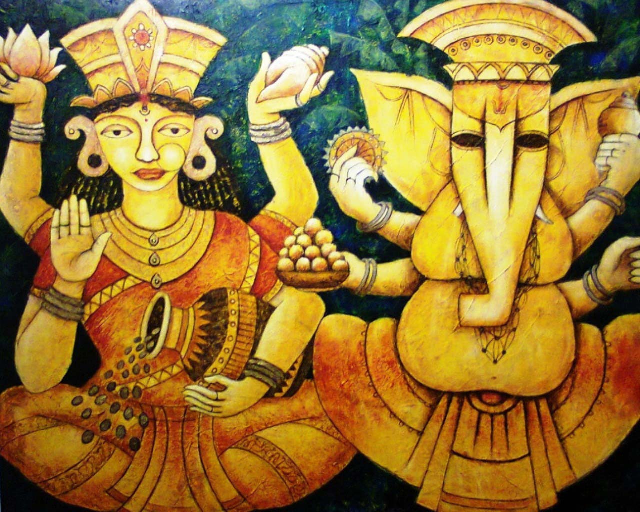 Figurative Painting with Acrylic on Canvas "Laxmi-Ganesha" art by Anirban Seth