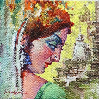 Indian-Woman-Painting-Acrylic-on-Canvas-Jeevan-Gosika-IndiGalleria-IG717