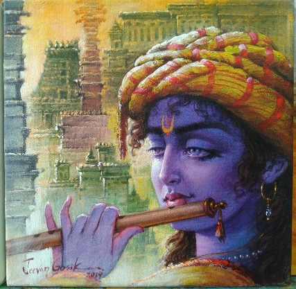 Krishna-Painting-Acrylic-on-Canvas-Jeevan-Gosika-IndiGalleria-IG654