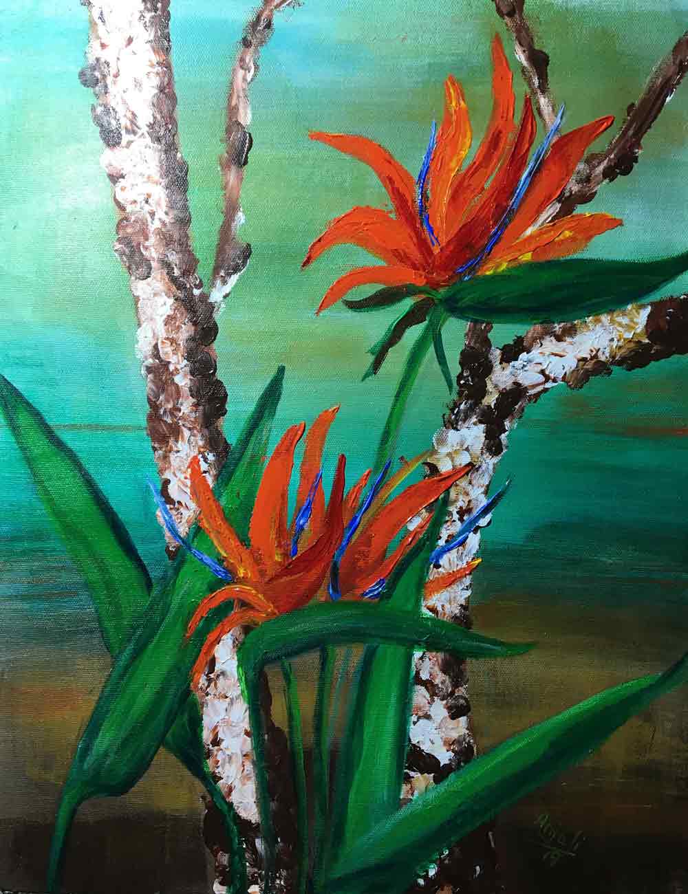 Semi Realistic Painting with Acrylic on Canvas "Birds of Paradise" art by Anjali Mittal