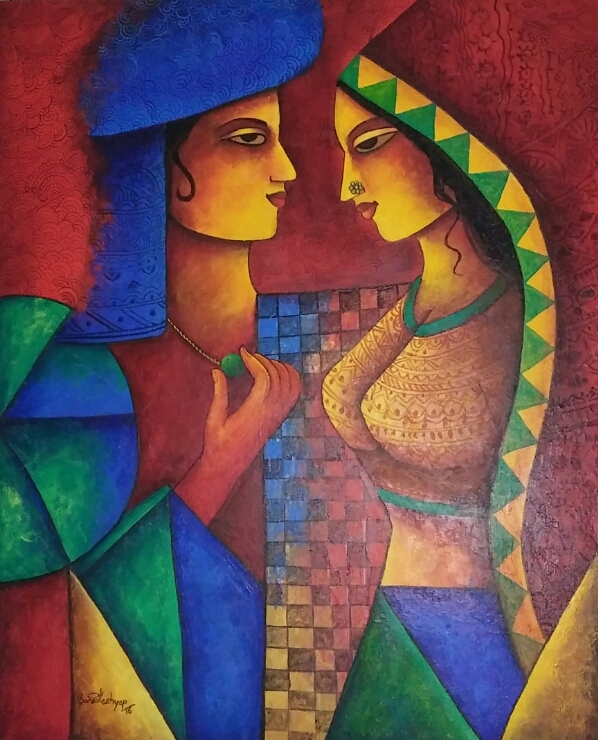 Figurative Painting with Acrylic on Canvas "Couple-3" art by Sonia Kashyap