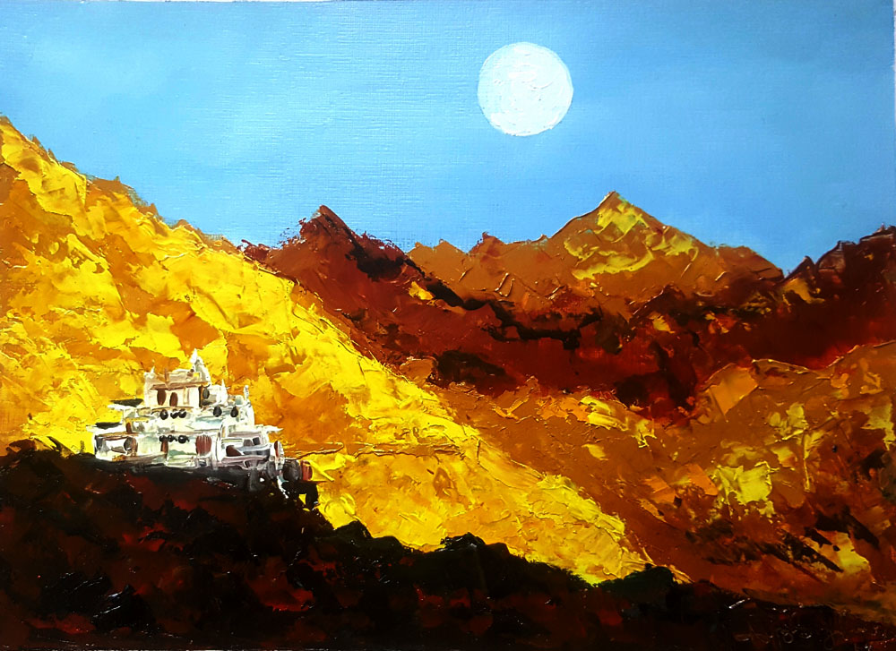 Semi Realistic Painting with Oil on Paper "Lahaul and Spiti" art by Aditya Singh Thakur