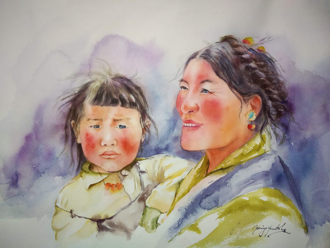 Portraiture Painting with Watercolor on Paper "Beloved" art by Tsering Youdol