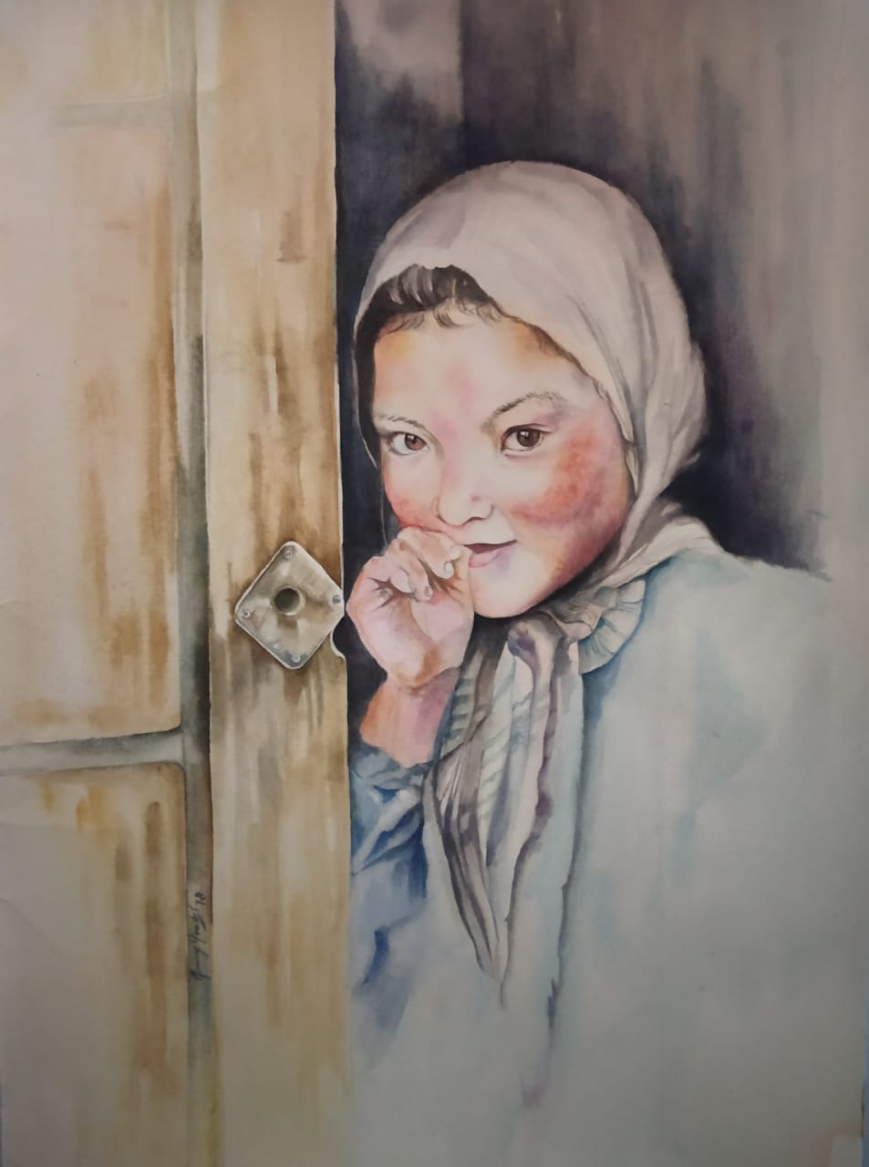 Portraiture Painting with Watercolor on Paper "Little Life - 2" art by Tsering Youdol