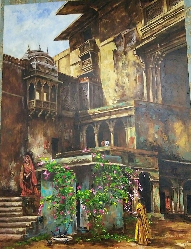 Semi Realistic Painting with Acrylic on Canvas "Rajasthan Fort" art by Ghanshyam Kashyap