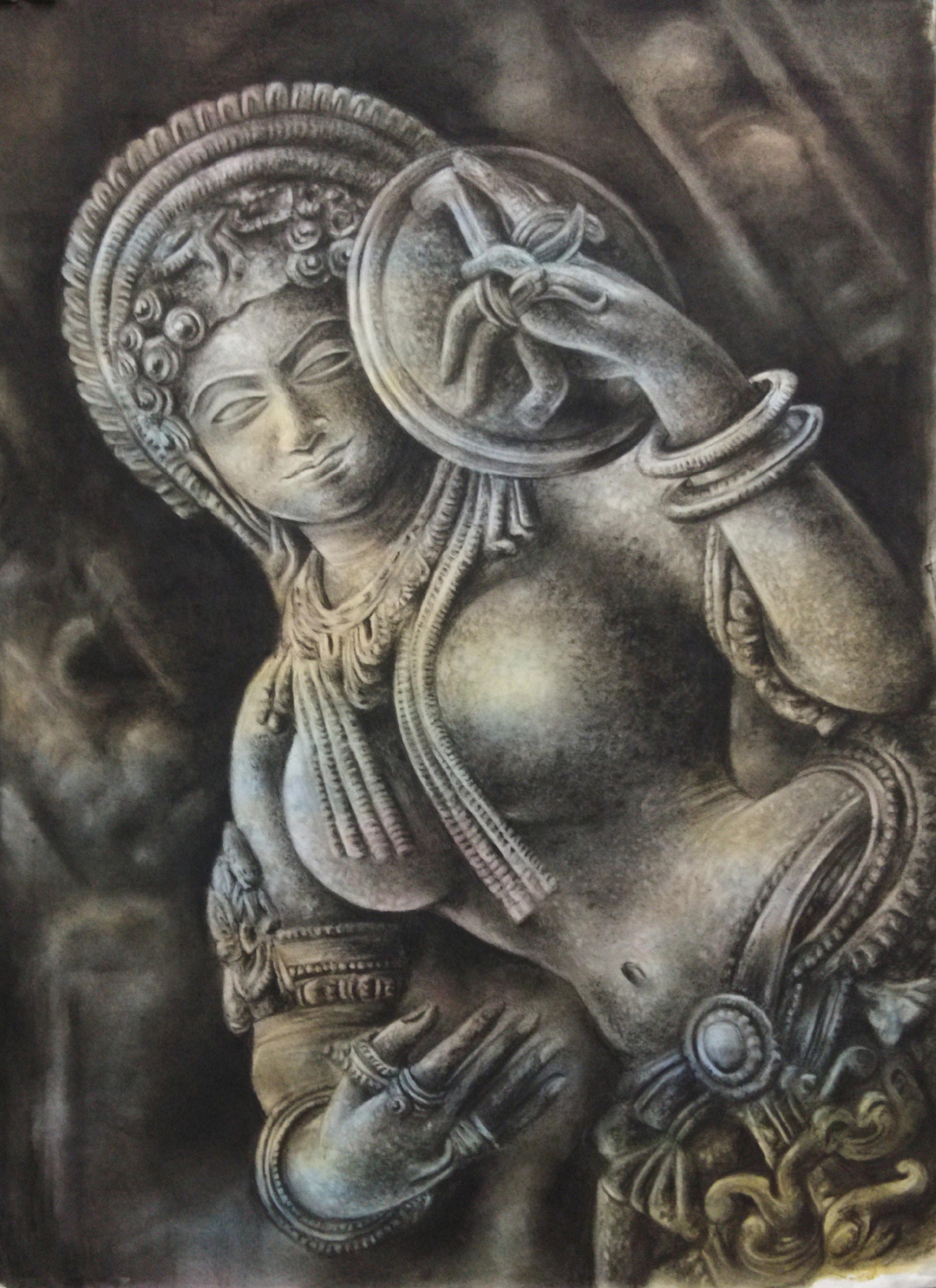 Realism Drawing with Mixed Media on Paper "Apsara-1" art by Pinki Saini