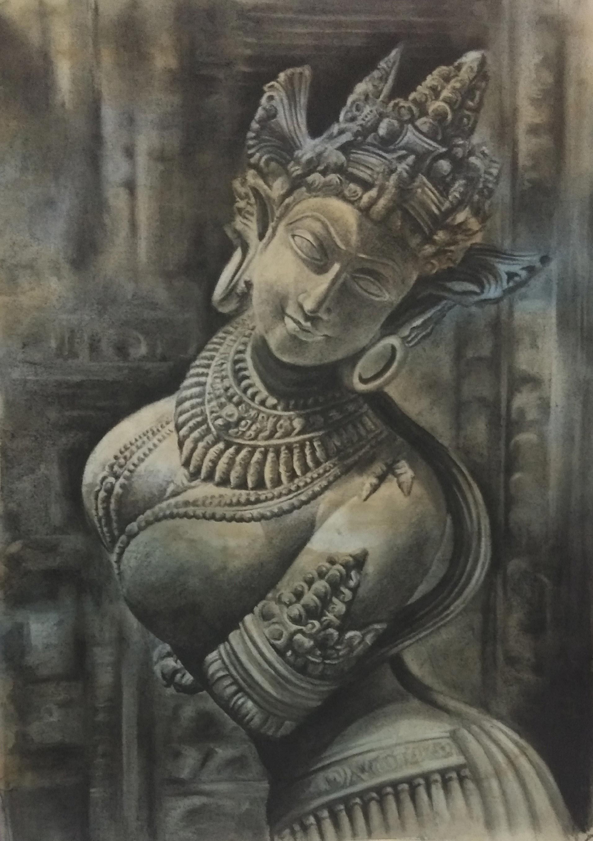 Realism Drawing with Mixed Media on Paper "Apsara-2" art by Pinki Saini