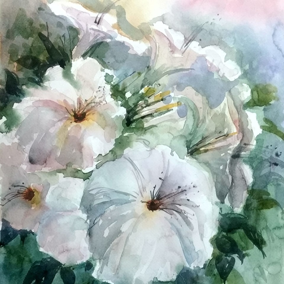 Realism Painting with Watercolor on Paper "Flowers 3" art by Shashi Lata