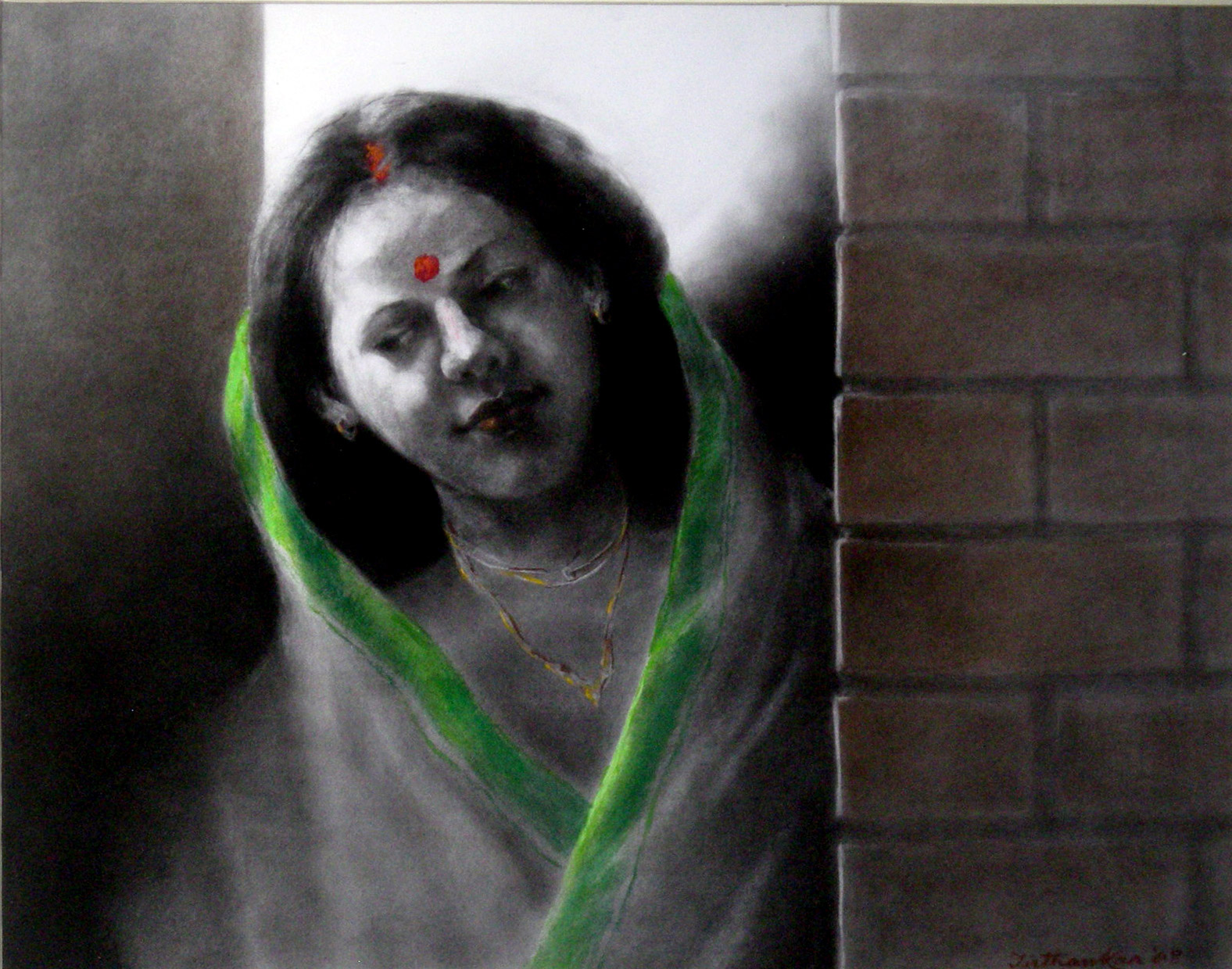 Portraiture Drawing with Soot and Conte on Paper "Waiting-2" art by Tirthankar Biswas