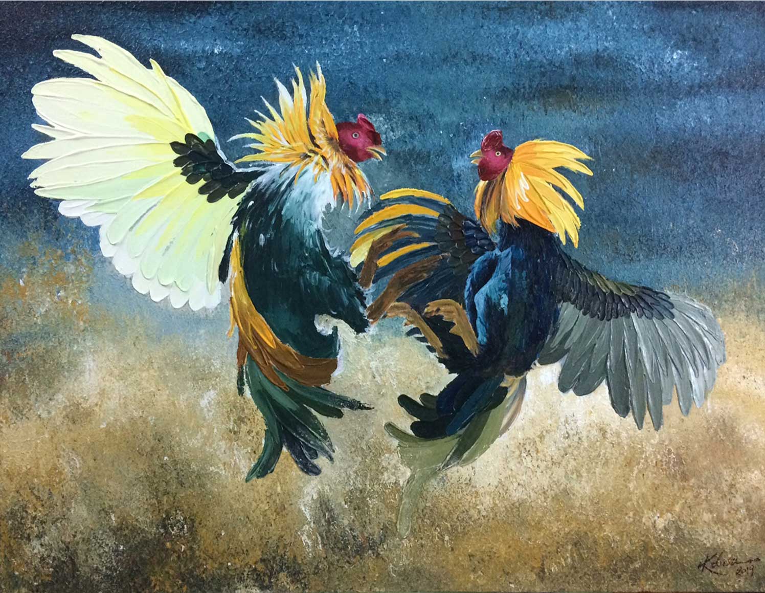 Realism Painting with Acrylic on Canvas "Indian Rooster-5" art by Kolusu 