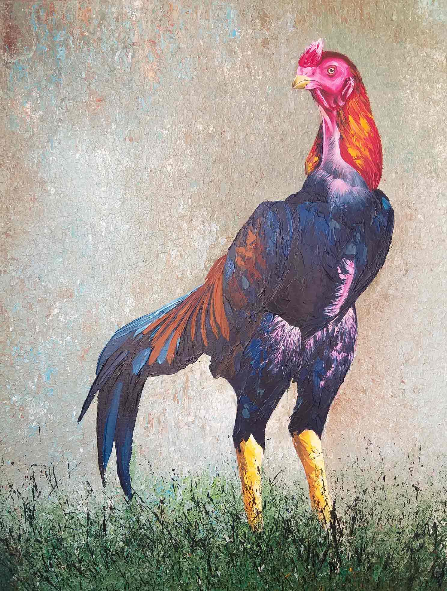 Realism Painting with Acrylic on Canvas "Indian Rooster-8" art by Kolusu 