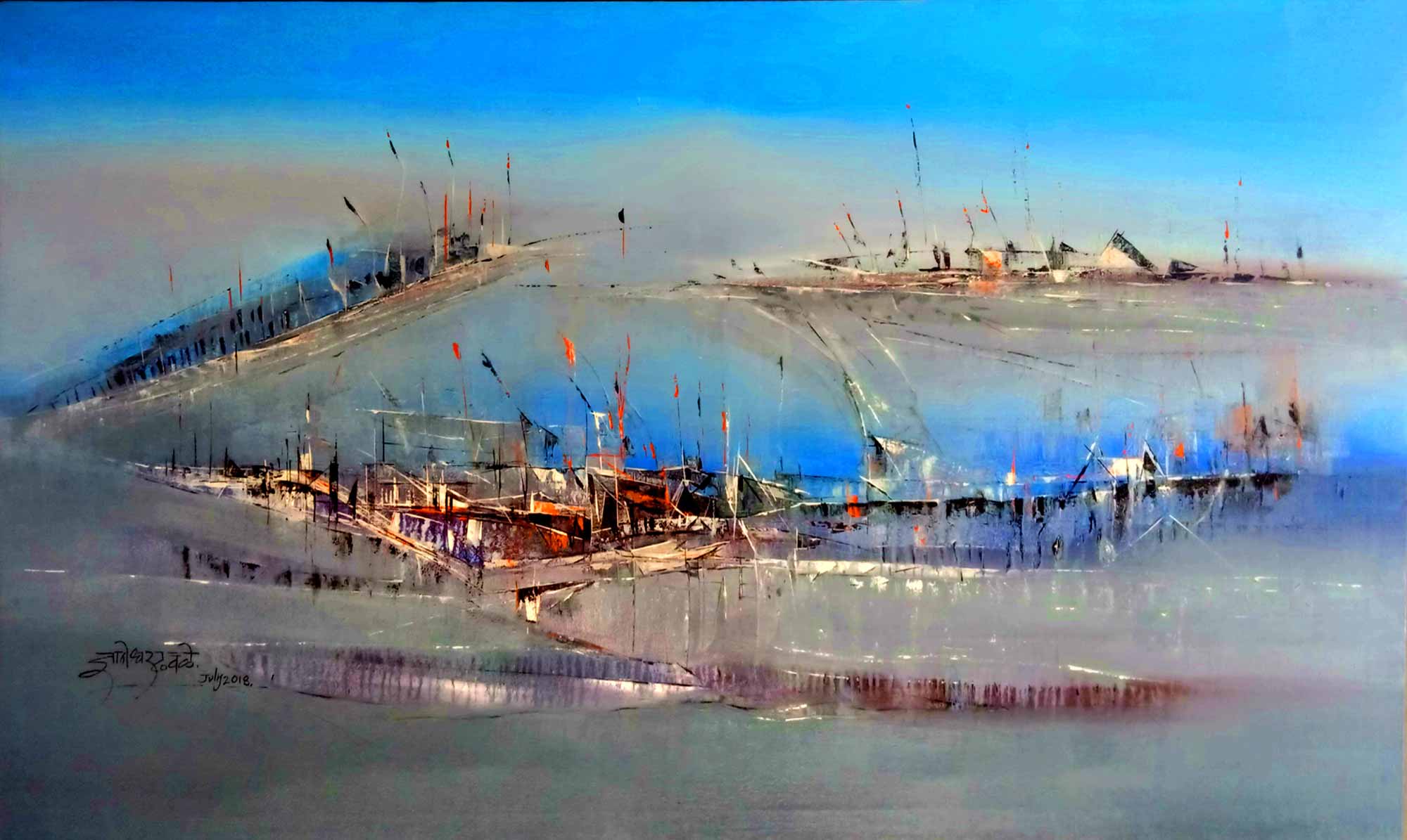 Semi Abstract Painting with Acrylic on Canvas "Deep Blue Sea" art by Dnyaneshwar Dhavale