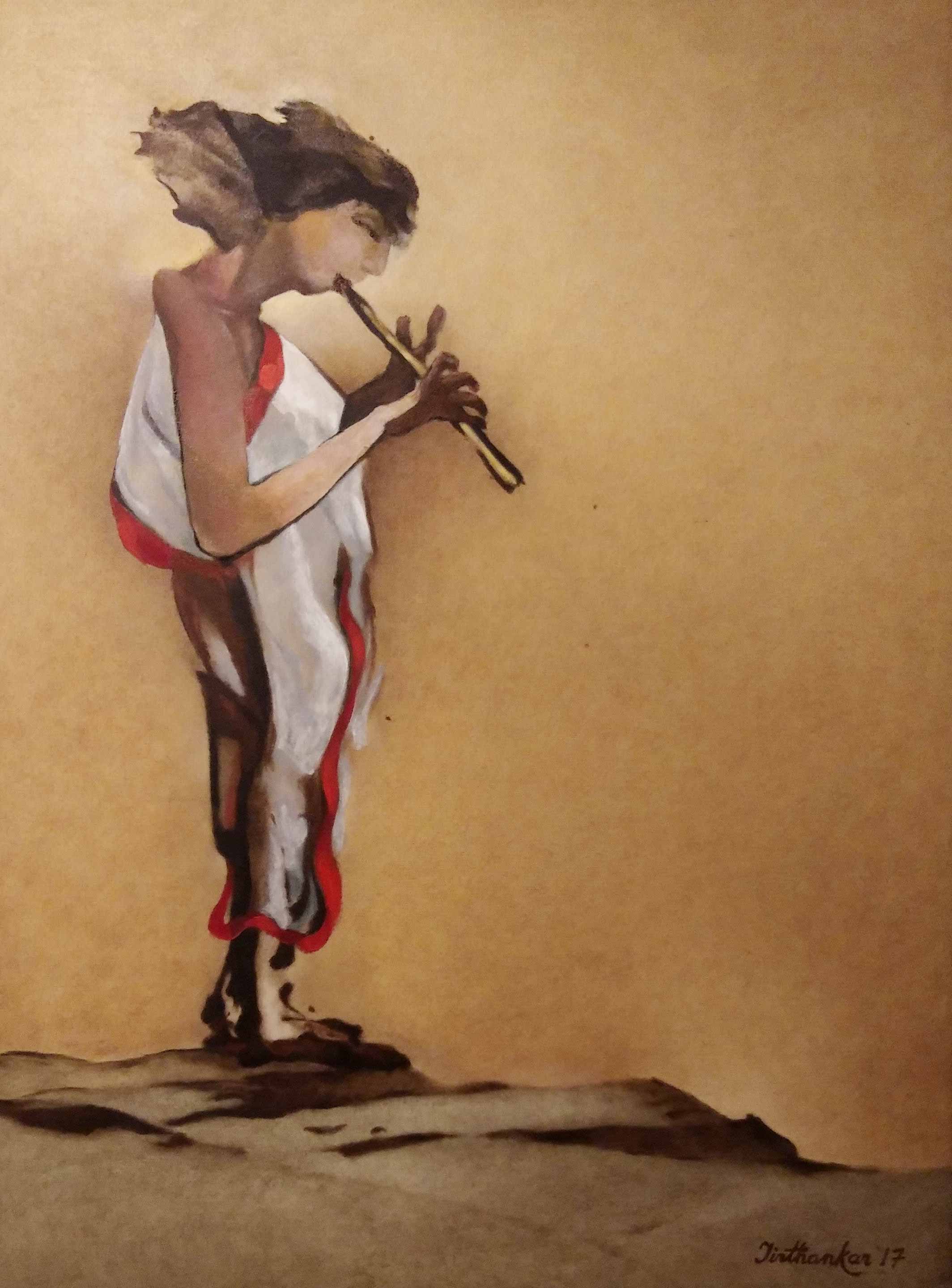 Figurative Painting with Oil on Canvas "In Tune" art by Tirthankar Biswas