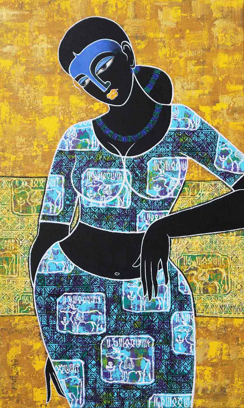 Figurative Painting with Acrylic on Canvas "Celestial Beauty in Memory of Harappa" art by Pratiksha Bothe