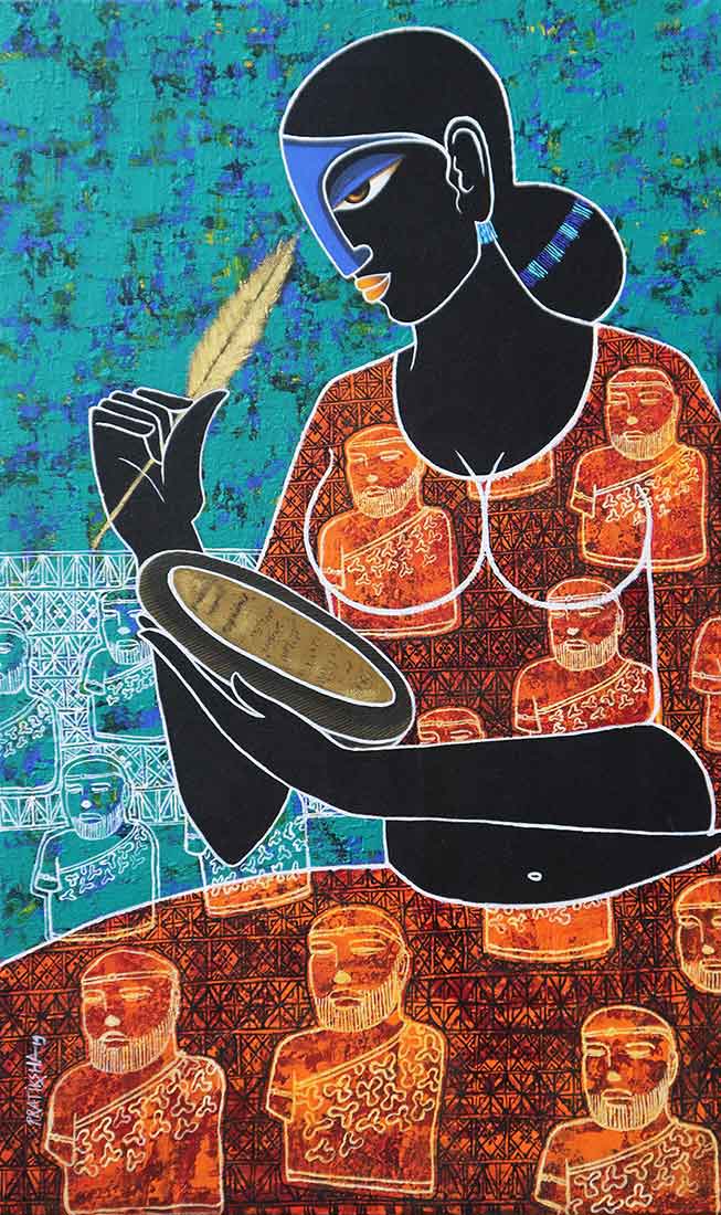 Figurative Painting with Acrylic on Canvas "Celestial Beauty in Memory of Harappa 2A" art by Pratiksha Bothe