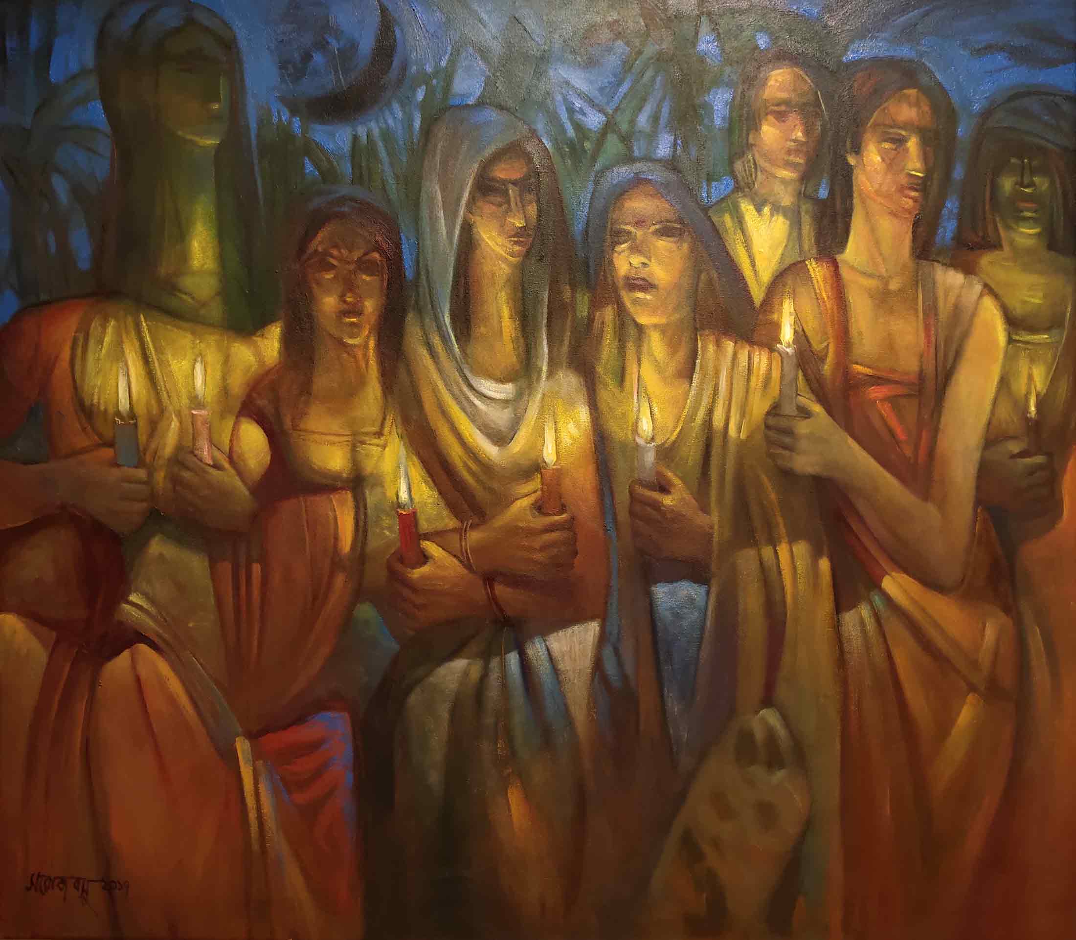 Figurative Painting with Oil on Canvas "The Candle" art by Saroj Basu