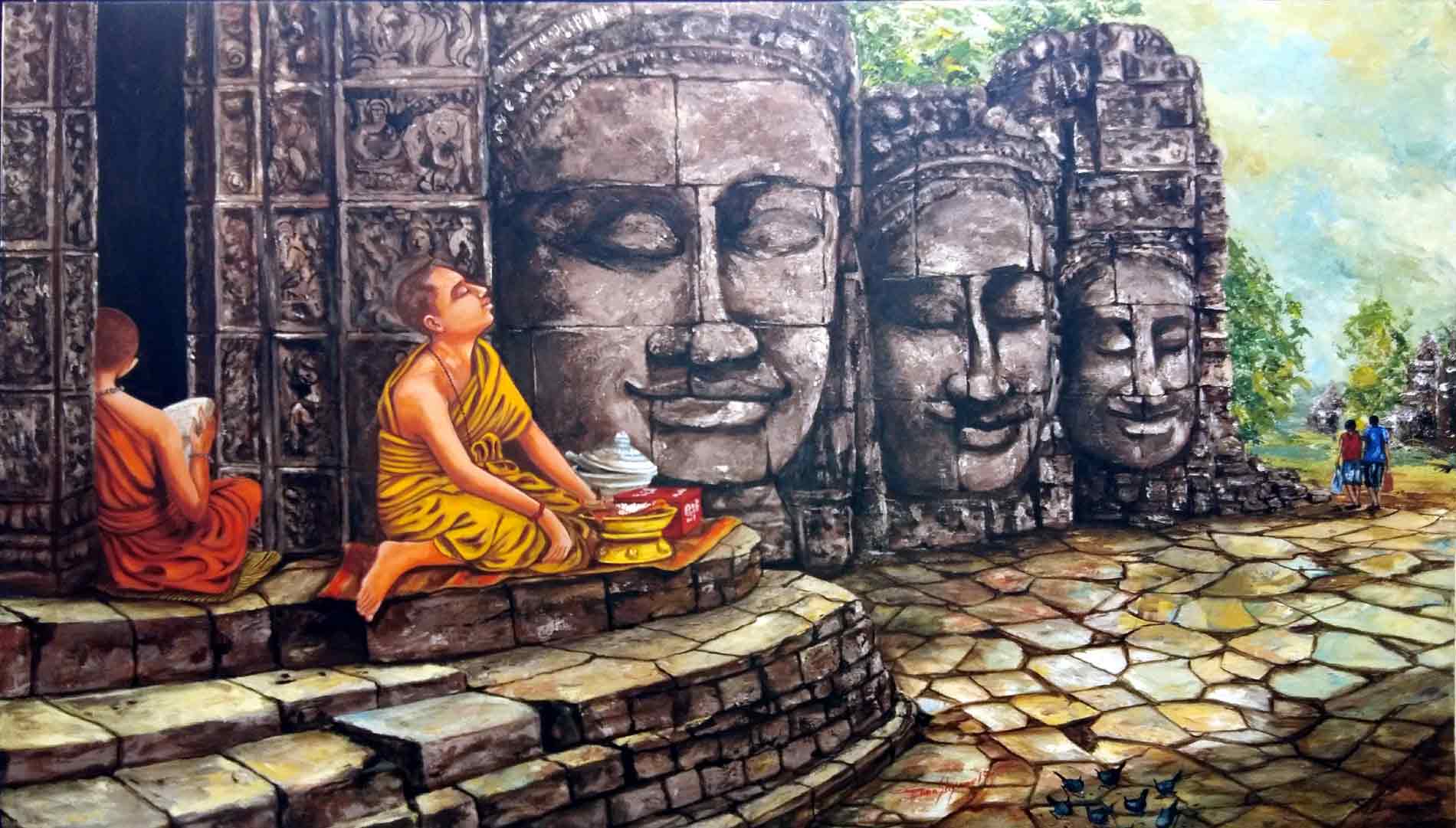 Realism Painting with Acrylic on Canvas "Angkor Wat - 1" art by Ghanshyam Kashyap