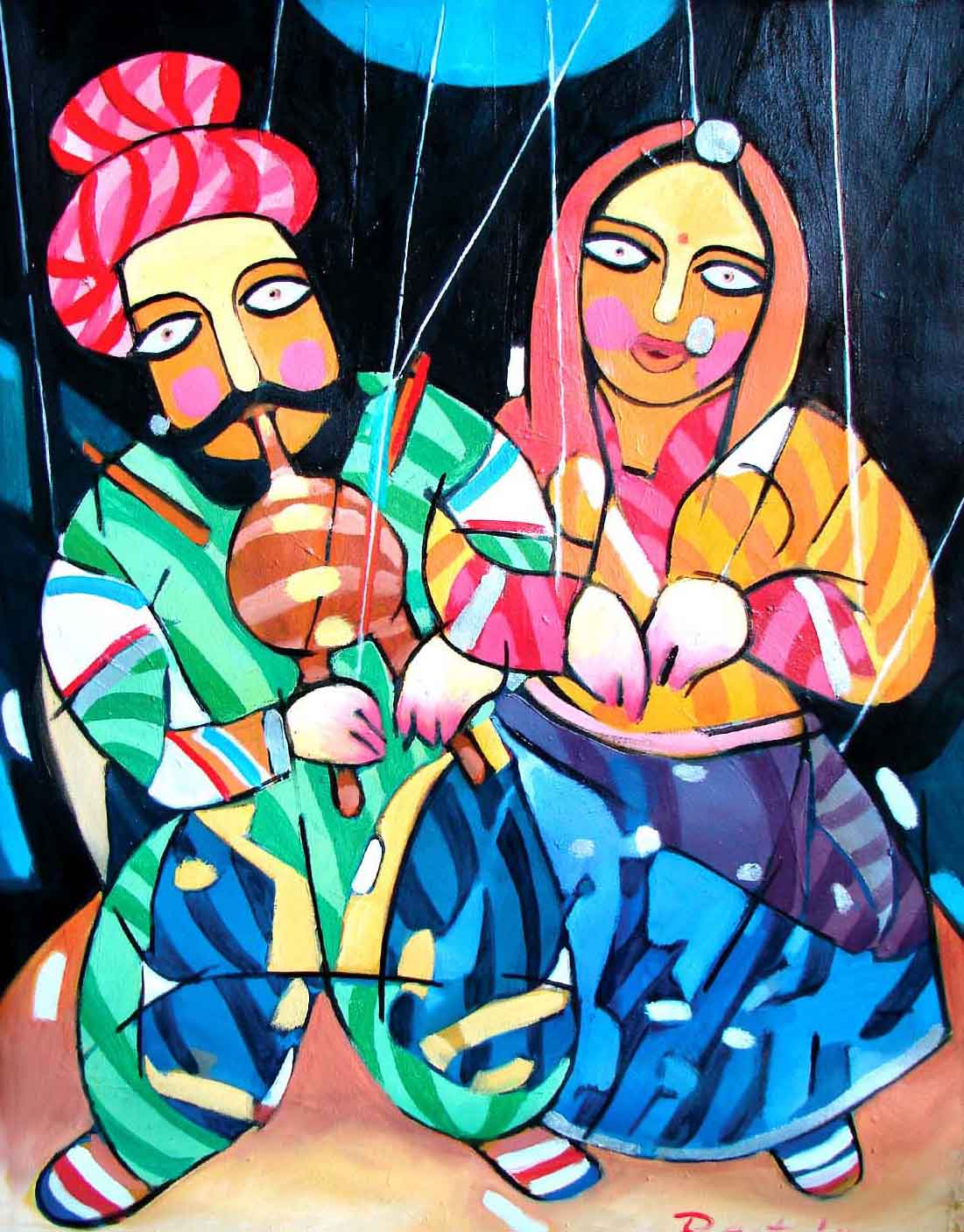 Folk Painting with Oil on Canvas "Danding Doll" art by Rita Roy