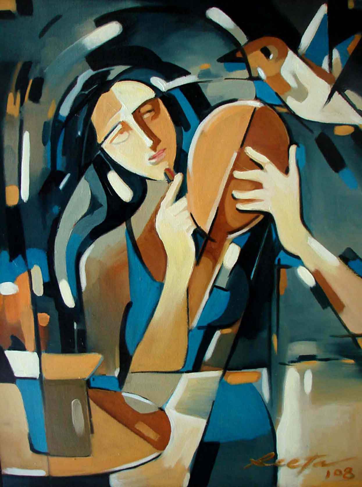 Figurative Painting with Oil on Canvas "Mirror Image" art by Rita Roy