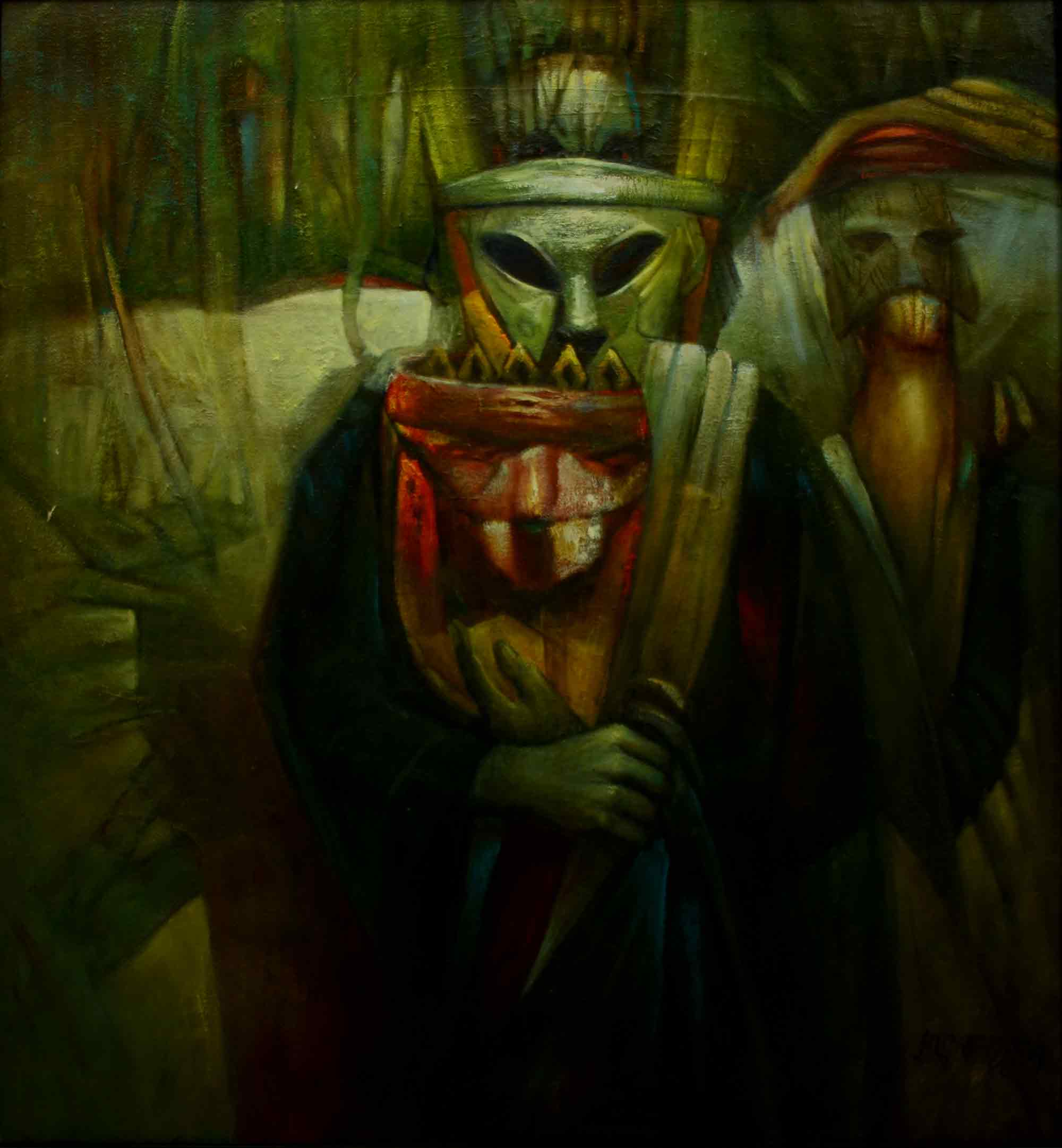 Figurative Painting with Oil on Canvas "The Masks" art by Saroj Basu